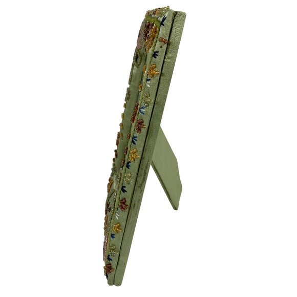 Ornate Beaded Picture Photo Frame Green Satin Fabric Sequins Floral Boho - Picture 6 of 8